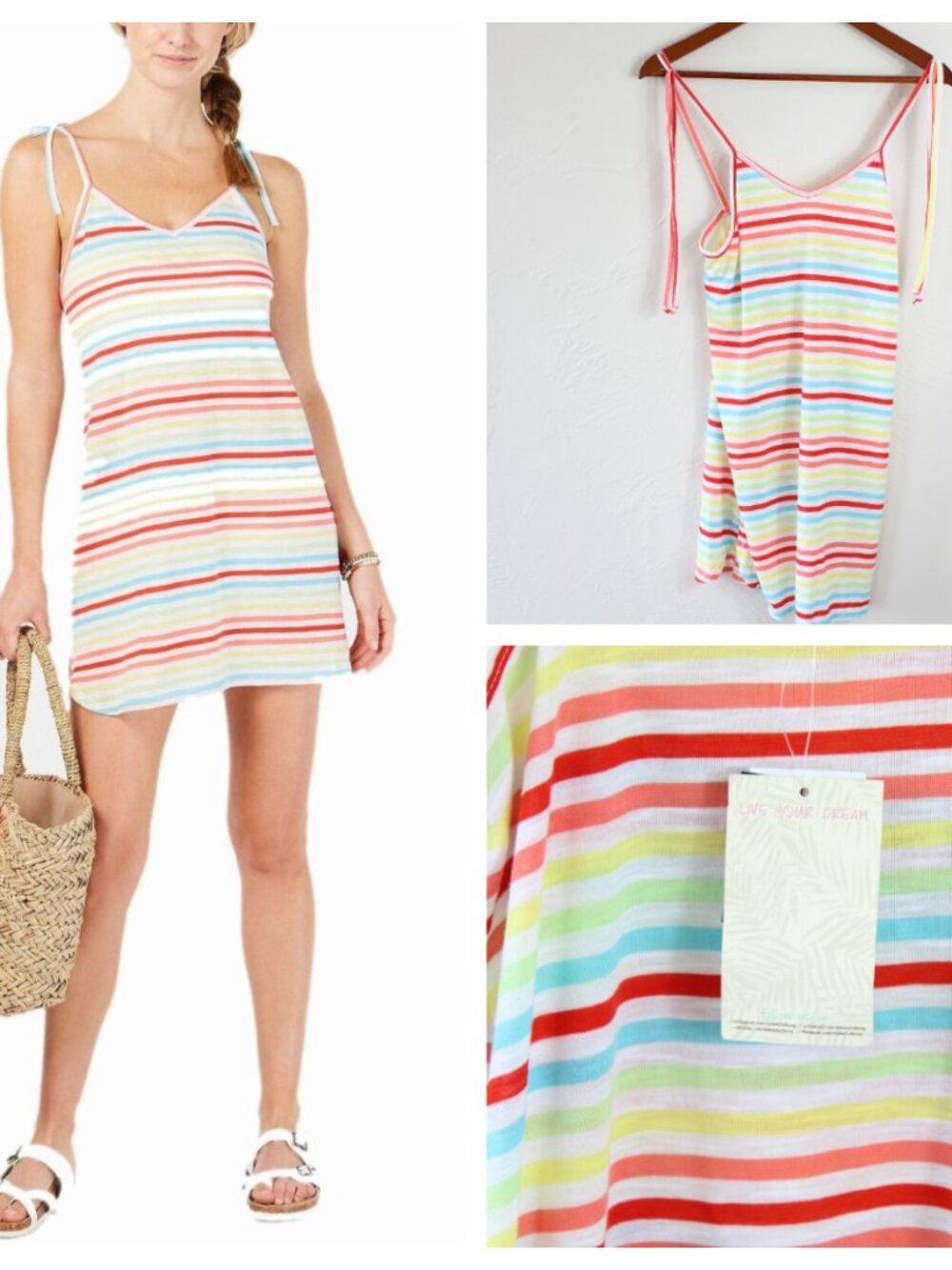 Miken Tie Shoulder Tank Dress Swim Cover Up Red Yellow Rainbow Stripe Small NWT